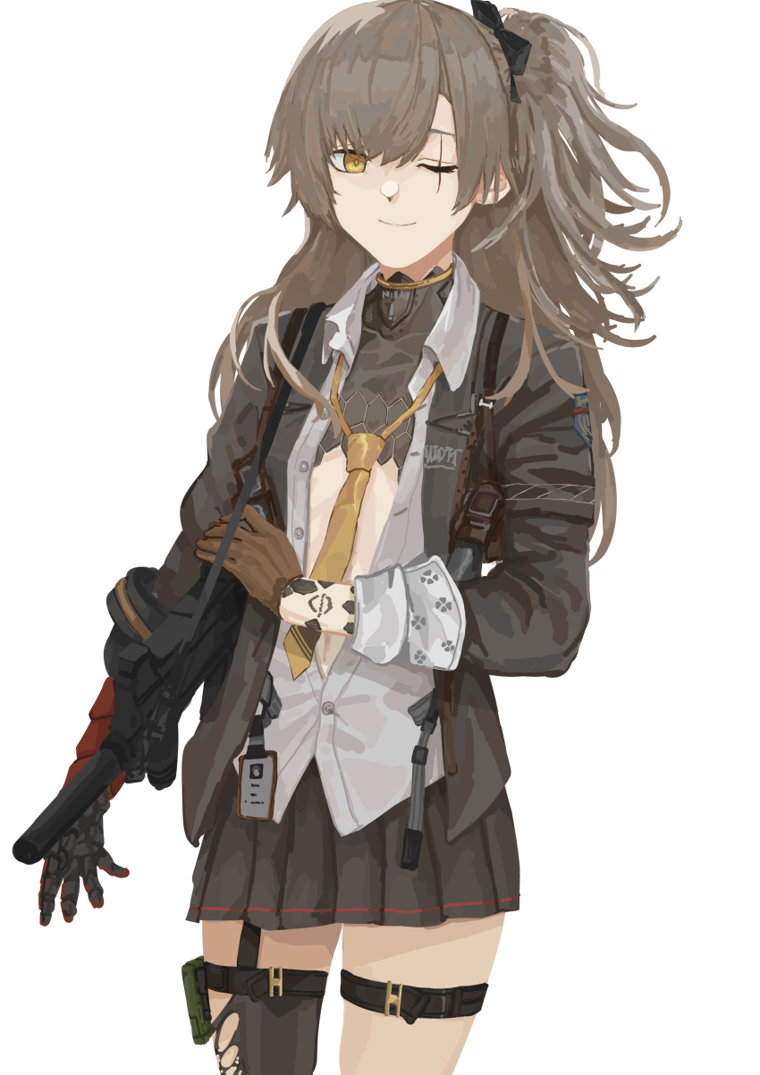 1010kman, 1girl, absurdres, black_jacket, brown_hair, collared_shirt, cowboy_shot, girls'_frontline, girls'_frontline_2:_exilium, grey_hair, gun, gun_sling, h&amp;k_ump, hair_between_eyes, highres, jacket, leva_(girls'_frontline_2), long_hair, looking_at_viewer, loose_necktie, mechanical_arms, necktie, one_eye_closed, open_clothes, pleated_skirt, scar, scar_across_eye, scar_on_face, shirt, simple_background, single_mechanical_arm, single_thighhigh, skirt, smile, solo, submachine_gun, thigh_strap, thighhighs, ump45_(girls'_frontline), weapon, white_background, white_shirt, yellow_eyes, yellow_necktie