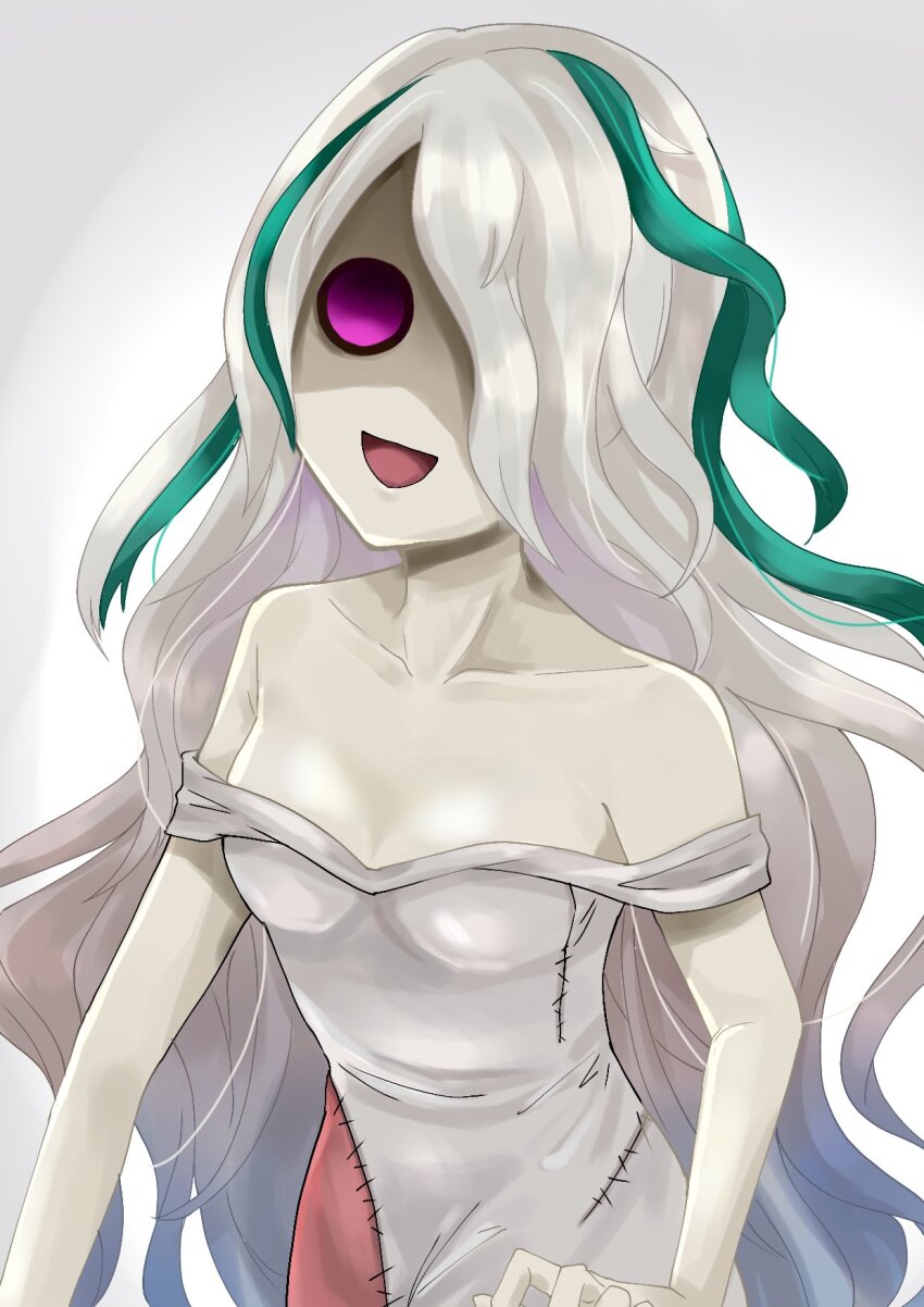 1girl, bad_id, bad_twitter_id, breasts, collarbone, fairy_(grimms_notes), gradient_background, green_streaks