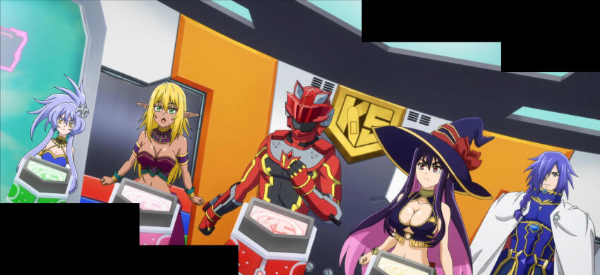 2boys, 3girls, blonde_hair, blue_hair, breasts, cleavage, collarbone, hat