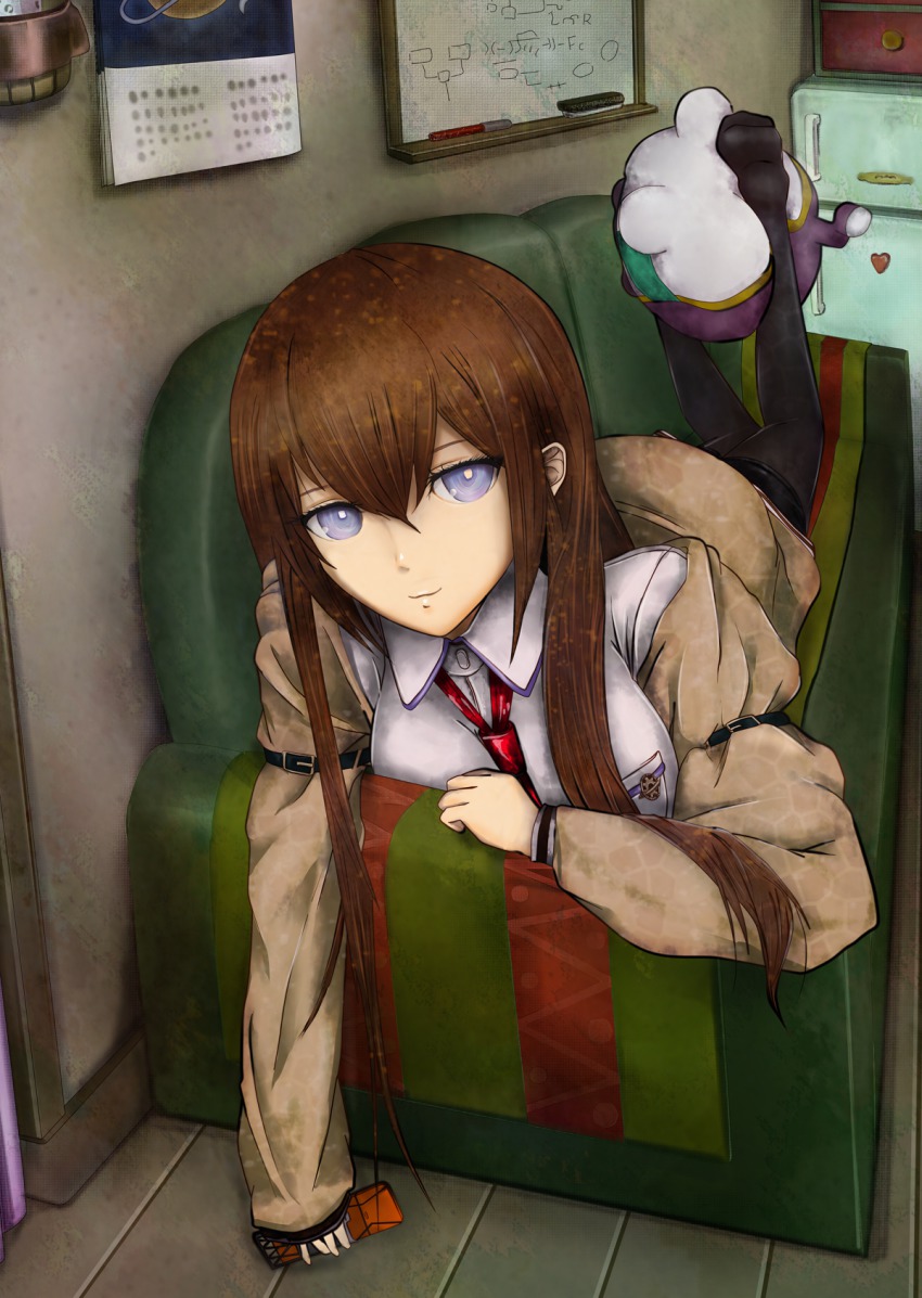 1girl, black_pantyhose, blue_eyes, brown_hair, calendar, calendar_(object), cellphone, couch, feet, female_focus, green_upholstery, highres, jacket, long_hair, lying, makise_kurisu, meisai, necktie, pantyhose, pantyhose_under_shorts, phone, red_necktie, refrigerator, science_adventure, shorts, sleeve_garter, solo, steins;gate, whiteboard