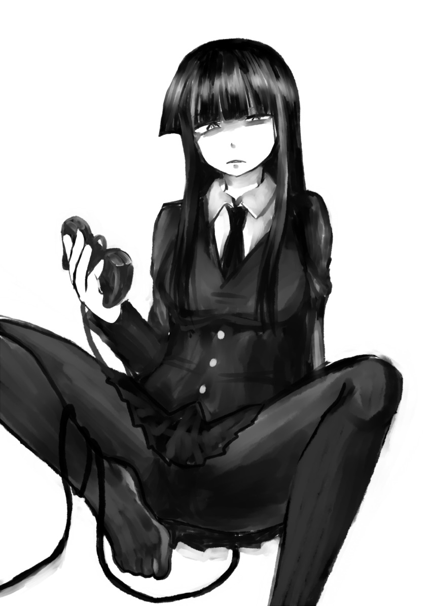 1girl, bad_id, bad_pixiv_id, black_pantyhose, controller, feet, female_focus, female_protagonist_(houkago_play)