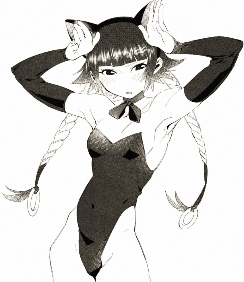 1girl, animal_ear_hairband, animal_ears, armpits, arms_up, bare_shoulders, bleach, blush