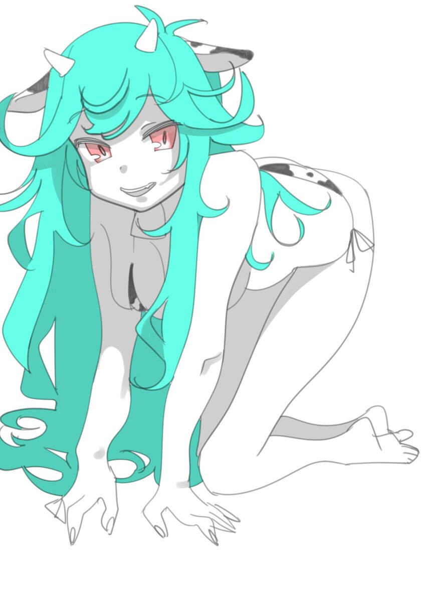 1girl, animal_print, aqua_hair, bad_id, bad_twitter_id, barefoot, bikini, breasts