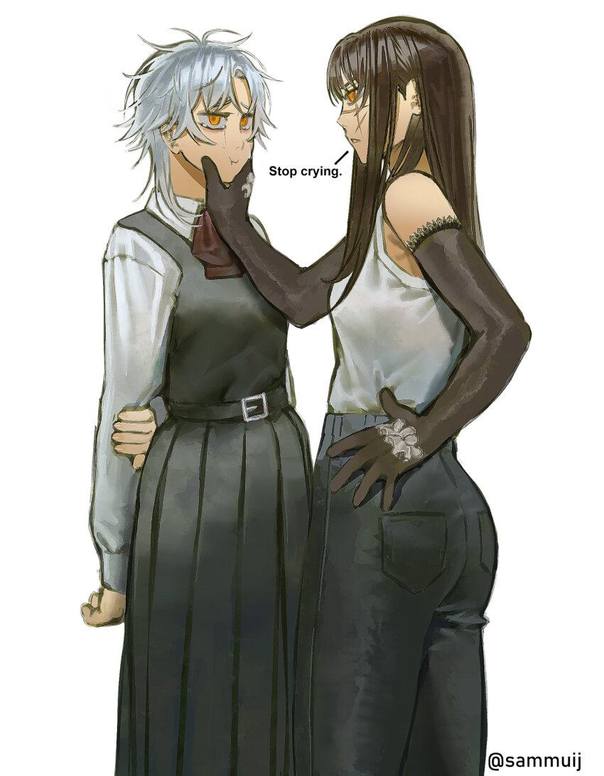 2girls, black_dress, black_gloves, black_hair, black_pants, chainsaw_man, commentary, death_devil_(chainsaw_man)