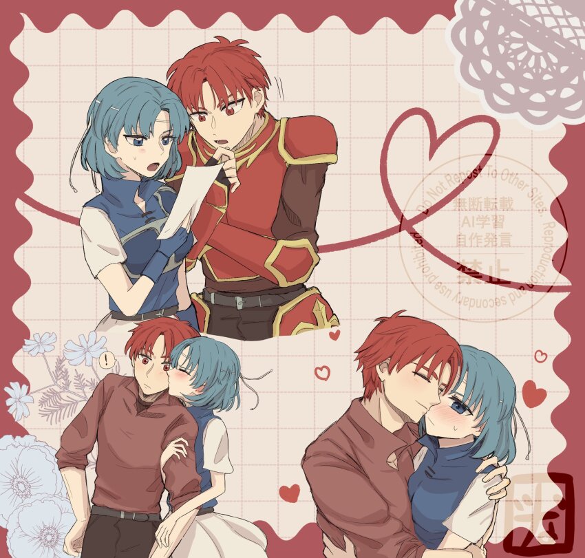 !, 1boy, 1girl, alen_(fire_emblem), arm_hug, armor, blue_eyes, blue_gloves, blue_hair, blush, breastplate, closed_eyes, closed_mouth, couple, fingerless_gloves, fire_emblem, fire_emblem:_the_binding_blade, gloves, heart, hetero, highres, holding, holding_paper, hug, kiss, kissing_cheek, multiple_views, nintendo, open_mouth, paper, red_eyes, red_hair, shirt, short_hair, spoken_exclamation_mark, sweatdrop, thea_(fire_emblem), tuna_marusuke