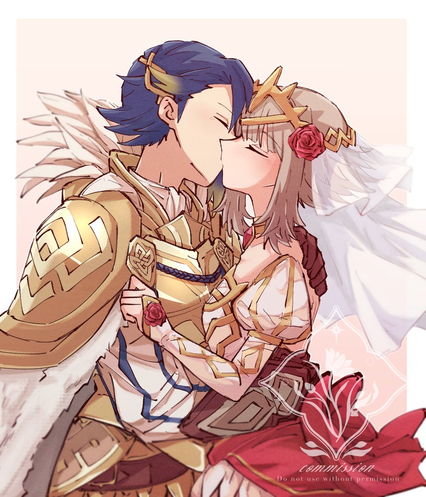 1boy, 1girl, alfonse_(fire_emblem), alfonse_(heir_to_openness)_(fire_emblem), alonemistrist, armor, blue_hair, closed_eyes, commentary, commission, couple, dress, english_commentary, fire_emblem, fire_emblem_heroes, flower, from_side, grey_hair, hair_flower, hair_ornament, hetero, juliet_sleeves, kiss, long_sleeves, nintendo, puffy_sleeves, red_flower, red_rose, rose, short_hair, veronica_(bride)_(fire_emblem), veronica_(fire_emblem), wedding_dress