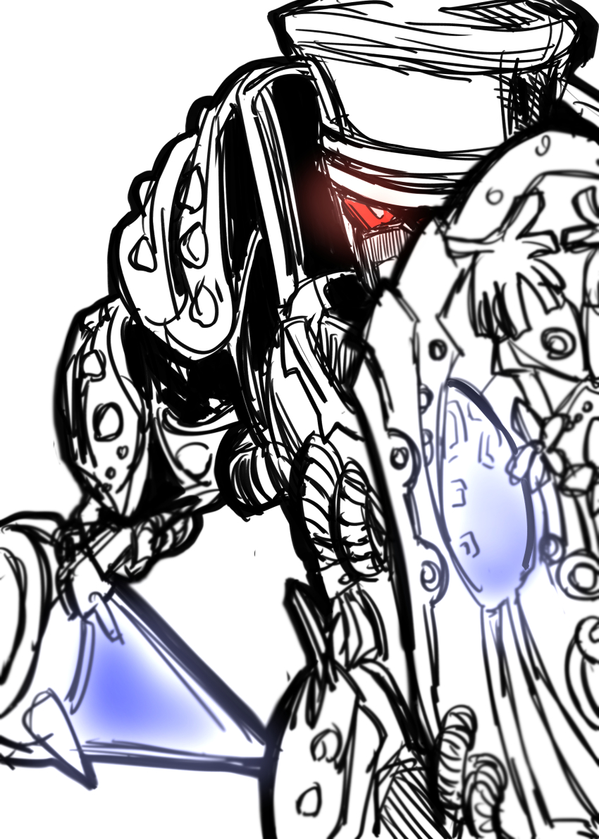 1boy, absurdres, chaos_pinocchio_(grimms_notes), grimms_notes, hat, highres, holding, holding_mace, holding_shield, holding_weapon, mace, male_focus, nasutetsu, no_humans, partially_colored, red_eyes, robot, shield, solo, standing, top_hat, upper_body, weapon, white_background