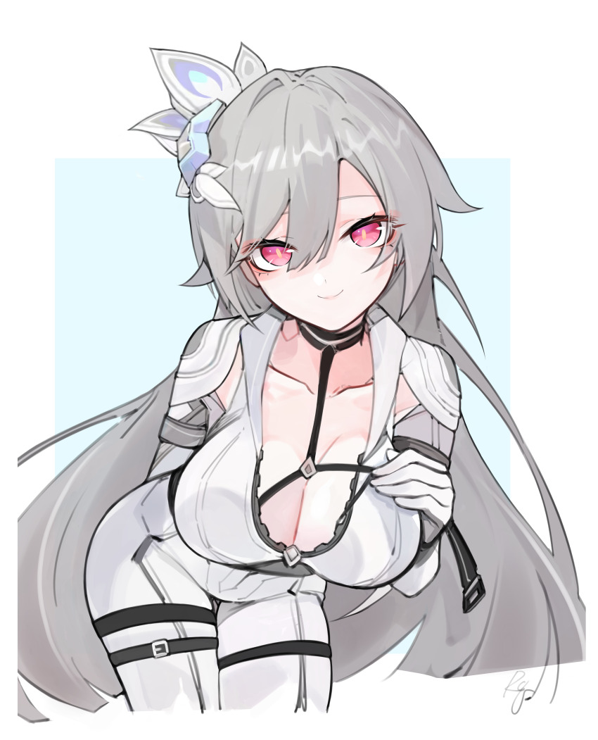 1girl, absurdres, blue_background, bodysuit, border, breasts, closed_mouth, collarbone