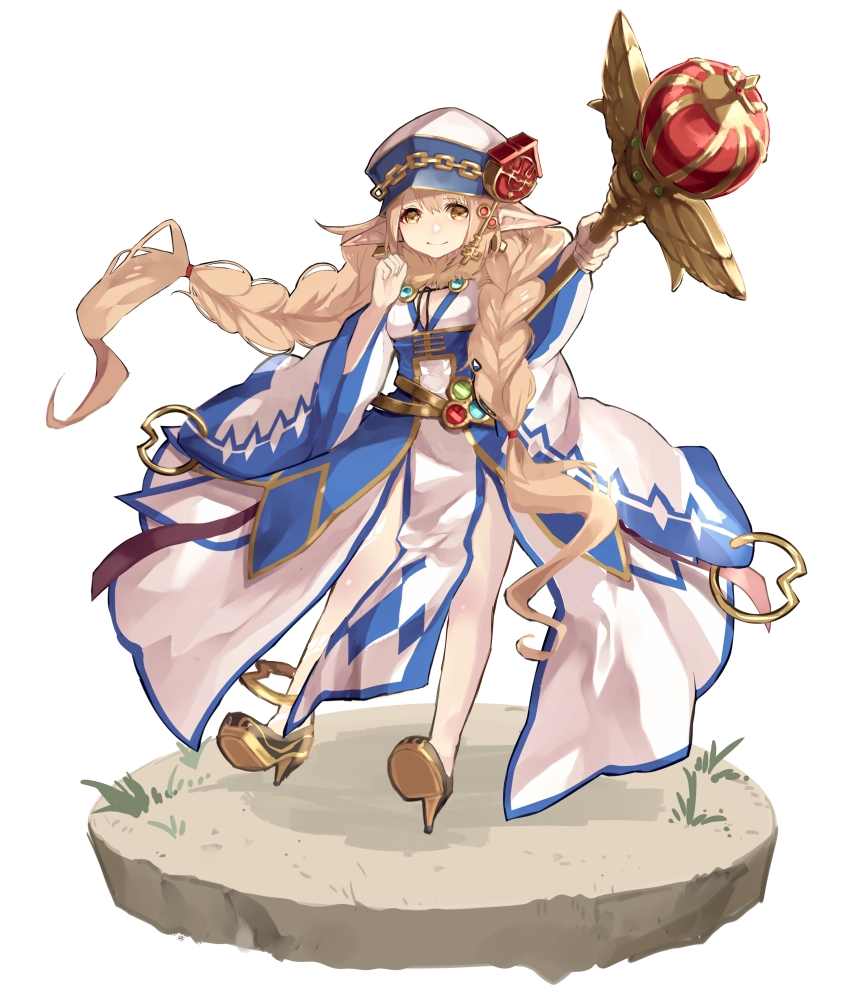 1girl, absurdres, black_shoes, blonde_hair, blue_dress, braid, breasts, chain