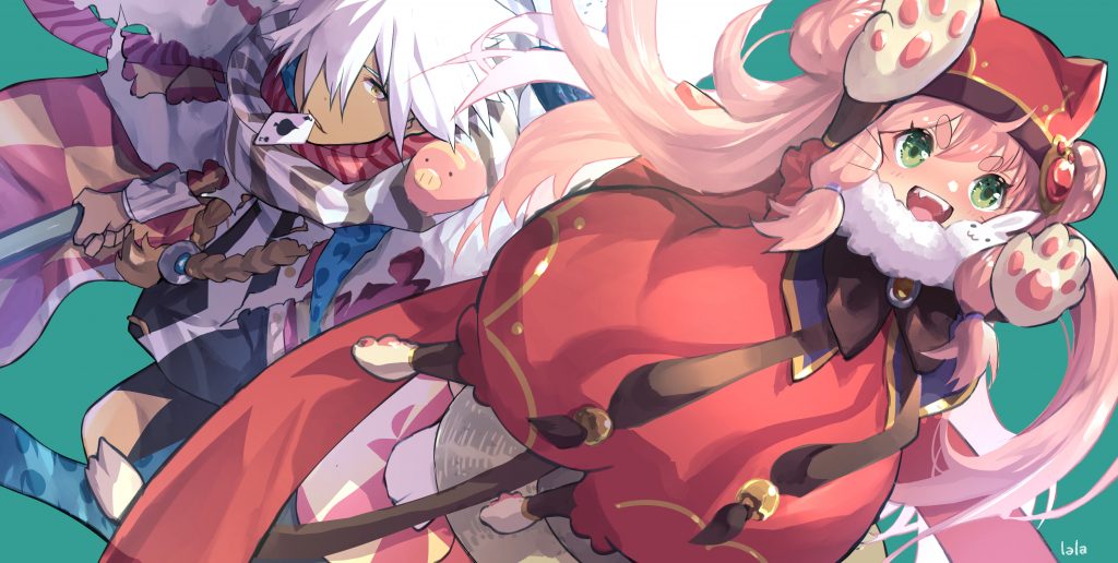 1boy, 1girl, :d, animal_ears, bad_id, black_scarf, black_vest, blue_background