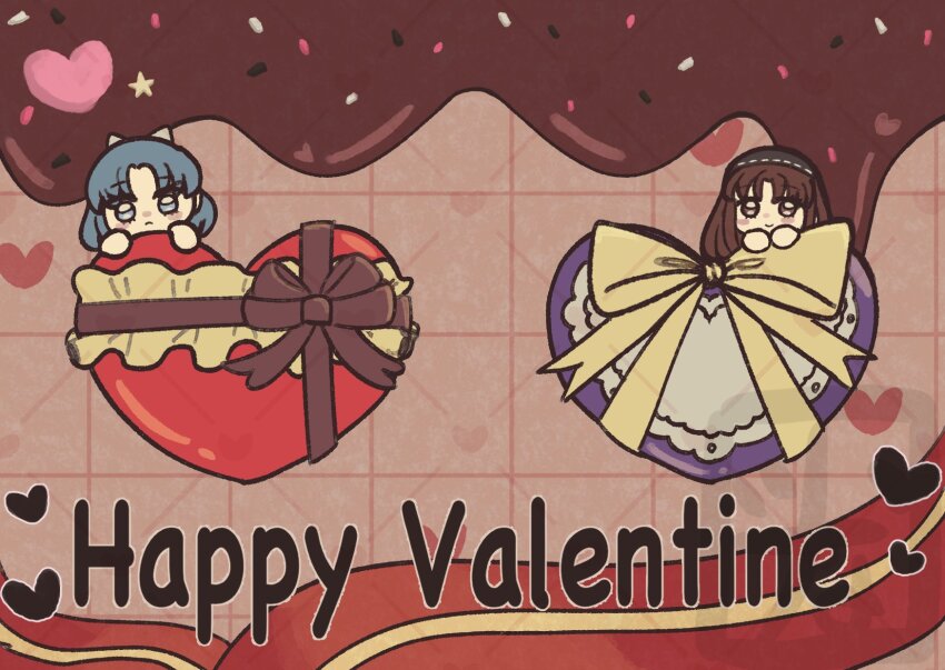 2girls, blue_eyes, blue_hair, brown_eyes, brown_hair, candy, chibi, chibi_only