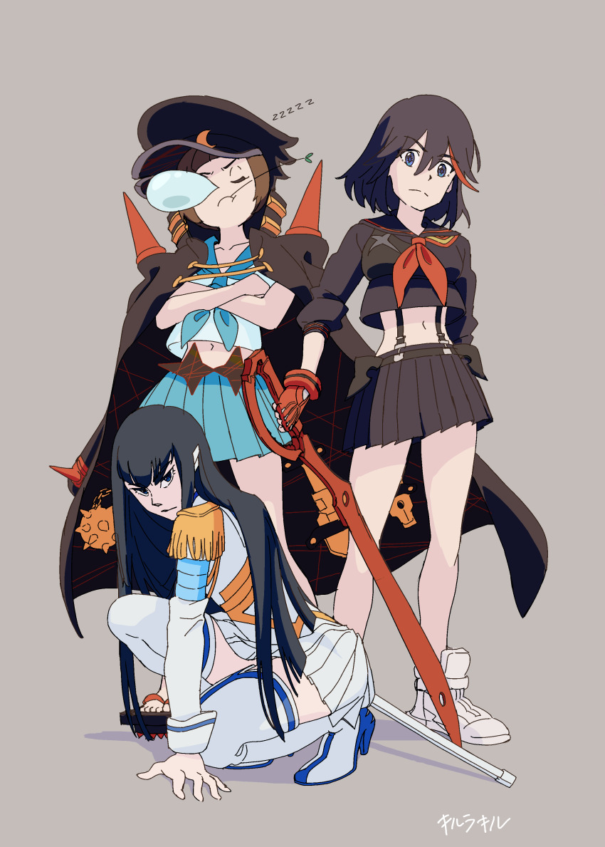 3girls, absurdres, black_hair, brown_hair, full_body, highres, hime_cut, kill_la_kill, kiryuuin_satsuki, long_hair, looking_at_viewer, mankanshoku_mako, matoi_ryuuko, mouth_hold, multiple_girls, na1gahama, nose_bubble, red_hair, squatting, stalk_in_mouth