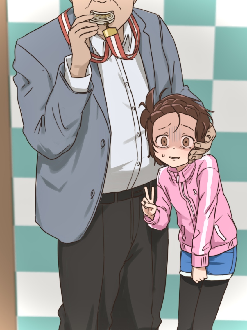 1boy, 1girl, absurdres, age_difference, belt, biting_medal, black_pantyhose, blue_shorts, brown_eyes, brown_hair, collared_shirt, crying, crying_with_eyes_open, disgust, dot_nose, empty_eyes, feet_out_of_frame, fingernails, hand_on_another's_face, hand_up, highres, humiliation, implied_after_rape, jacket, loli, long_sleeves, looking_at_viewer, matching_hair/eyes, medalist_(manga), nervous, nervous_smile, open_mouth, pants, pantyhose, pink_jacket, sabuakadeath, scared, sexual_harassment, shaded_face, shirt, short_hair, shorts, smile, solo_focus, standing, tearing_up, tears, track_jacket, ugly_bastard, v, wavy_mouth, yuitsuka_inori