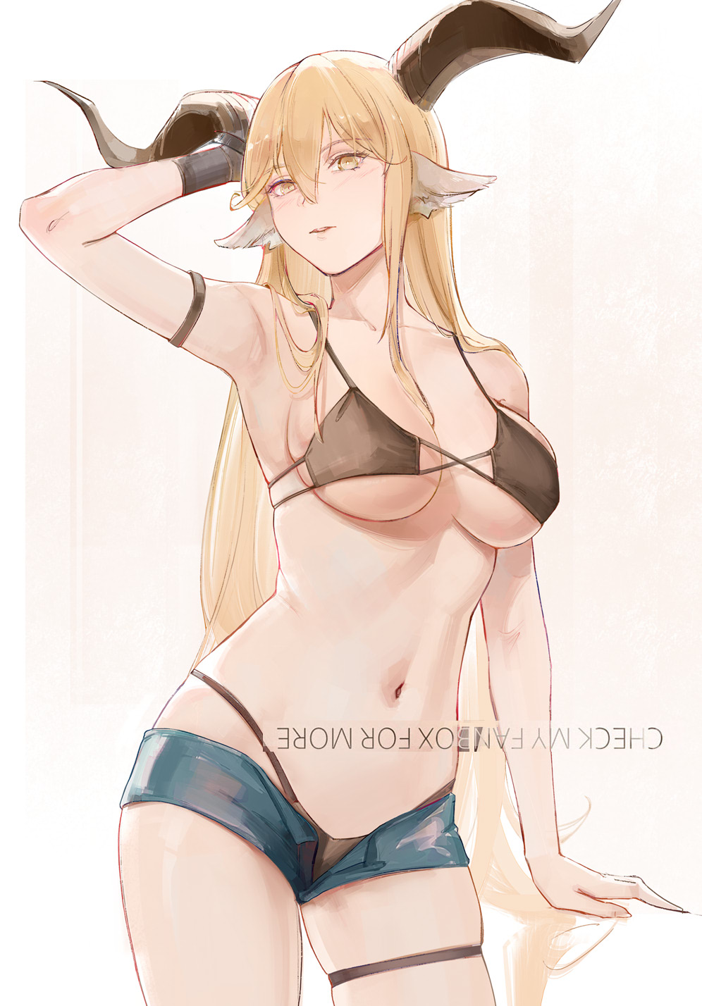 1girl, alternate_costume, animal_ears, arknights, arm_behind_head, arm_strap, arm_up, armpits