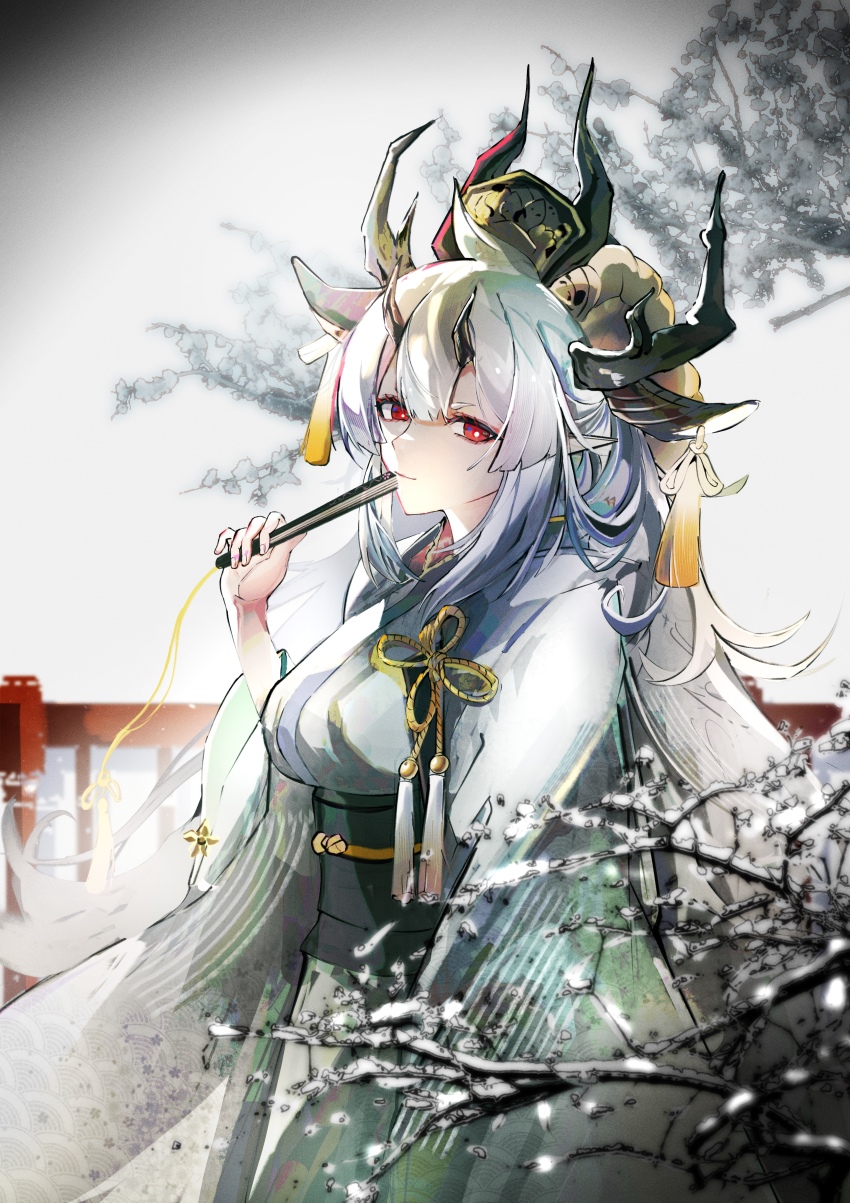 1girl, absurdres, arknights, black_horns, branch, bright_pupils, closed_mouth, commentary_request