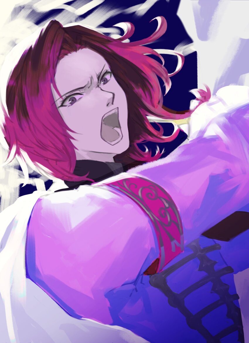1boy, bad_id, bad_twitter_id, cape, grimms_notes, highres, holding, holding_staff, long_sleeves, male_focus, open_mouth, purple_eyes, red_hair, shadow_chopin_(grimms_notes), solo, staff, takamurakko, teeth, upper_body, white_cape