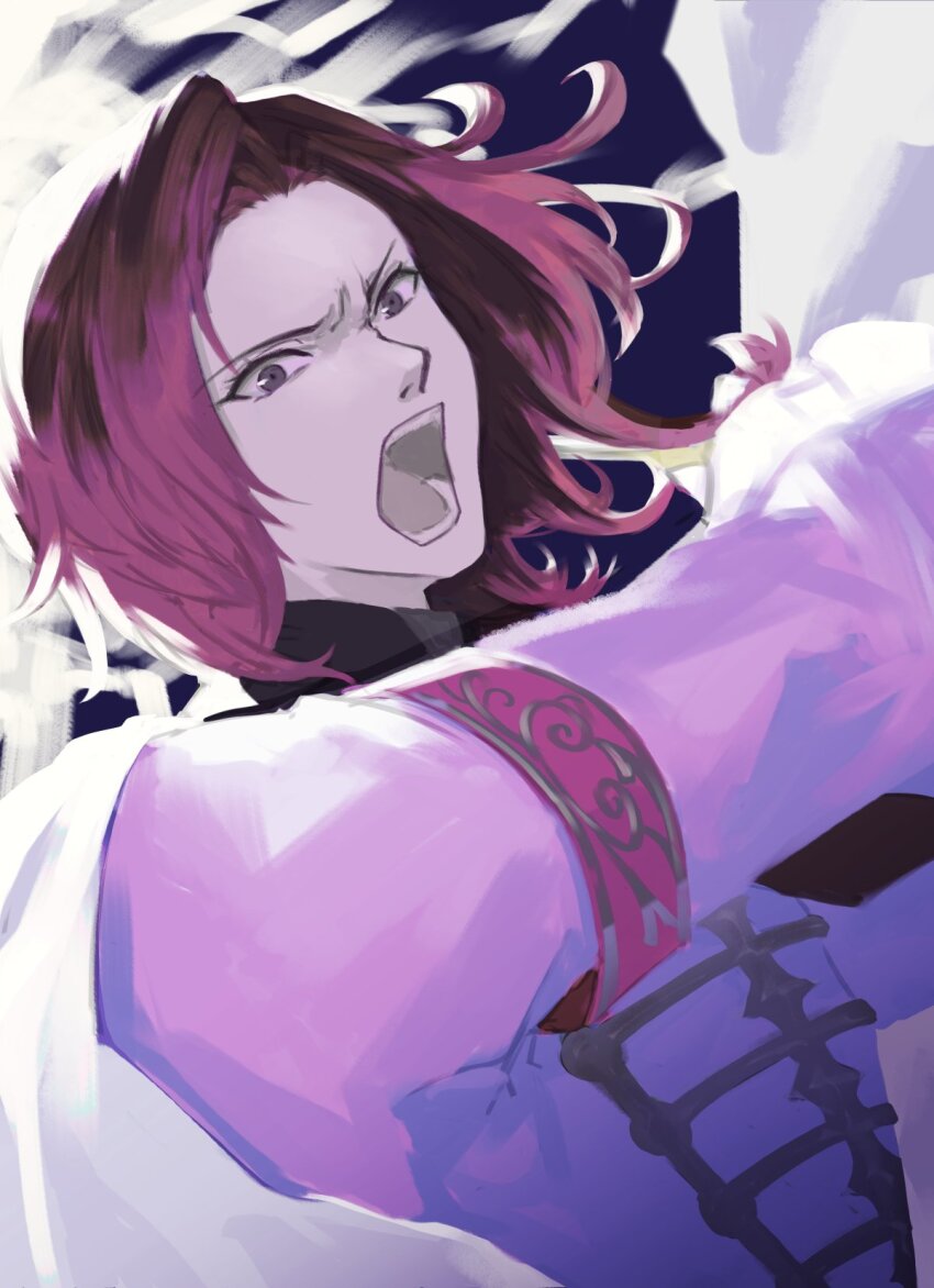 1boy, bad_id, bad_twitter_id, cape, grimms_notes, highres, holding, holding_staff, long_sleeves, male_focus, open_mouth, purple_eyes, red_hair, shadow_chopin_(grimms_notes), solo, staff, takamurakko, teeth, upper_body, white_cape