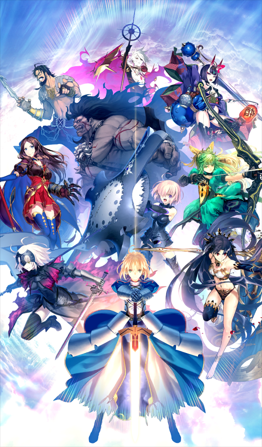 3boys, 6+girls, abs, ahoge, animal_ears, anklet, arm_tattoo, armor, armored_dress, armored_leotard, arrow_(projectile), artist_collaboration, artoria_pendragon_(fate), asai_genji, asymmetrical_dual_wielding, asymmetrical_legwear, atalanta_(fate), azusa_(hws), b_suke, bandeau, banner, belt, bikini, bikini_armor, black_armor, black_belt, black_bikini, black_bodysuit, black_boots, black_bra, black_capelet, black_gauntlets, black_gloves, black_hair, black_leotard, black_panties, black_shirt, black_skirt, black_sleeves, black_thighhighs, black_tiara, blonde_hair, blue_background, blue_cape, blue_dress, blue_eyes, blue_gloves, blue_sky, blue_thighhighs, blunt_bangs, bob_cut, bodysuit, boots, bow_(weapon), bra, braid, breastplate, brown_dress, brown_hair, bun_with_braided_base, cape, capelet, cat_ears, cat_girl, chest_jewel, chest_tattoo, closed_mouth, cloud, collar, colored_skin, commentary_request, curtained_hair, detached_sleeves, dress, dual_wielding, dynamic_pose, edward_teach_(fate), elbow_gloves, excalibur_(fate/stay_night), expressionless, facial_tattoo, fate/grand_order, fate/grand_order_arcade, fate_(series), faulds, fingerless_gloves, floating, floating_cape, gauntlets, gloves, glowing, glowing_sword, glowing_weapon, gold_collar, gold_necklace, gradient_capelet, gradient_clothes, gradient_hair, gradient_skirt, green_dress, green_eyes, green_hair, grey_skin, hair_bun, hair_over_one_eye, hands_on_hilt, heavenly_boat_maanna, heracles_(fate), heracles_(third_ascension)_(fate), high-low_dress, holding, holding_arrow, holding_banner, holding_bow_(weapon), holding_lantern, holding_polearm, holding_shield, holding_staff, holding_sword, holding_weapon, honjou_raita, horns, ishtar_(fate), japanese_clothes, jeanne_d'arc_alter_(avenger)_(fate), jeanne_d'arc_alter_(fate), jewelry, juliet_sleeves, karna_(fate), kavacha_(fate), kimono, kundala_(fate), la_grondement_du_haine, lantern, leg_armor, leg_up, leonardo_da_vinci_(caster)_(fate), leonardo_da_vinci_(fate), leotard, long_dress, long_hair, long_skirt, long_sleeves, looking_at_viewer, looking_to_the_side, lord_camelot_(fate), low_neckline, mash_kyrielight, mash_kyrielight_(demi-servant), mismatched_legwear, morii_shizuki, multicolored_dress, multicolored_hair, multiple_boys, multiple_girls, muscular, muscular_male, necklace, obi, official_art, open_clothes, open_kimono, open_mouth, pako_(pakosun), panties, pants, paper_lantern, parted_bangs, parted_lips, pink_cape, pink_capelet, pink_hair, pink_skirt, pointing, polearm, puffy_short_sleeves, puffy_sleeves, purple_cape, purple_eyes, purple_gloves, purple_hair, purple_kimono, red_dress, red_eyes, red_horns, red_sash, red_tattoo, revealing_clothes, saber_(fate), sash, shield, shirt, short_hair, short_sleeves, shoulder_armor, shouting, shuten_douji_(fate), side_slit, sidelocks, silver_armor, simosi, single_gauntlet, single_thighhigh, skirt, sky, smile, smirk, spiked_collar, spikes, staff, standing, strapless, swimsuit, sword, takeuchi_takashi, tattoo, teeth, thigh_strap, thighhighs, third-party_source, tiara, topless_male, two-sided_cape, two-sided_fabric, two-tone_capelet, two-tone_gloves, two-tone_skirt, two_side_up, underwear, v-shaped_eyebrows, vasavi_shakti_(fate), very_long_hair, weapon, white_bandeau, white_hair, wide_sleeves