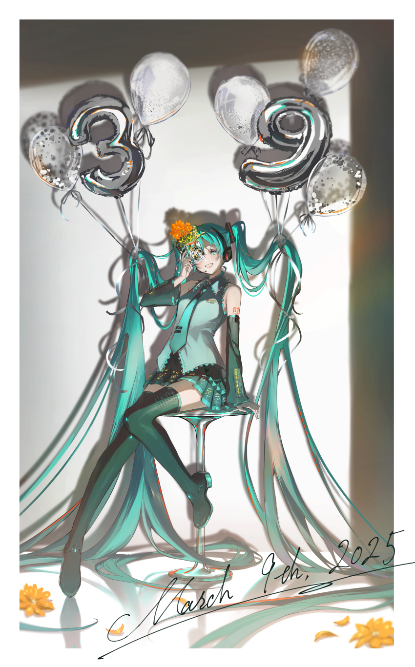 1girl, 39, 2025, absurdly_long_hair, absurdres, against_wall, aqua_eyes, aqua_hair, aqua_nails, aqua_necktie, arm_at_side, arm_support, armpit_crease, balloon, bare_shoulders, belt, black_boots, black_skirt, black_sleeves, boots, border, breasts, camera, collared_shirt, confetti_balloon, covering_one_eye, dated, detached_sleeves, dress_shirt, eyelashes, fingernails, flower, full_body, grey_shirt, grin, hair_between_eyes, hair_spread_out, half-closed_eyes, hand_up, happy, hatsune_miku, head_tilt, headset, highres, holding, holding_camera, knees_together_feet_apart, light_blush, long_eyelashes, long_hair, looking_at_viewer, miku_day, necktie, number_balloon, number_tattoo, on_stool, orange_flower, orange_petals, petals, pleated_skirt, potate, reflective_floor, shadow, shirt, shoulder_tattoo, sidelighting, sidelocks, sitting, skirt, sleeveless, sleeveless_shirt, small_breasts, smile, solo, stool, straight_hair, tareme, tattoo, thigh_boots, thighhighs, tie_clip, twintails, two-tone_belt, very_long_hair, vocaloid, white_border, wide_sleeves, zettai_ryouiki