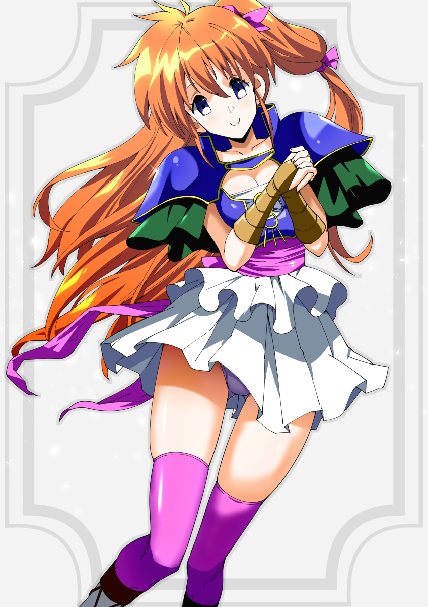 1girl, absurdres, armor, blue_eyes, breasts, cleavage, closed_mouth, feet_out_of_frame, highres, long_hair, looking_at_viewer, orange_hair, panties, pauldrons, ponytail, purple_thighhighs, shoulder_armor, skirt, smile, solo, sophia_(legend_of_xanadu), the_legend_of_xanadu, thighhighs, toku_sonchou, underwear, white_skirt