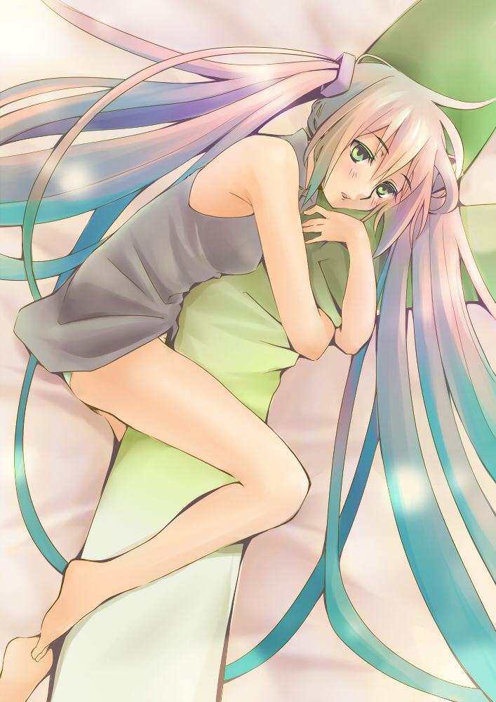 1girl, bad_id, bad_pixiv_id, barefoot, body_pillow, feet, female_focus, green_eyes
