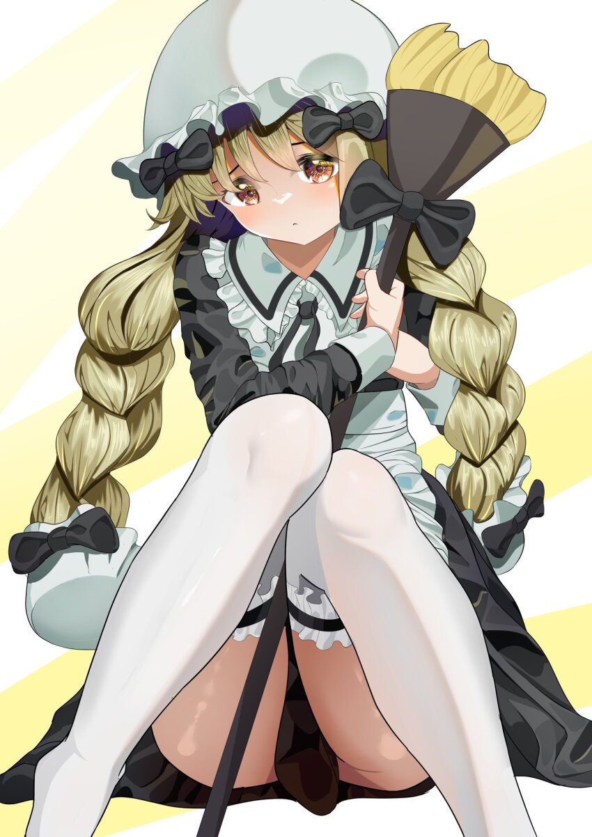 3577m, blonde_hair, blush, braid, broom, frilled_thighhighs, frills, highres