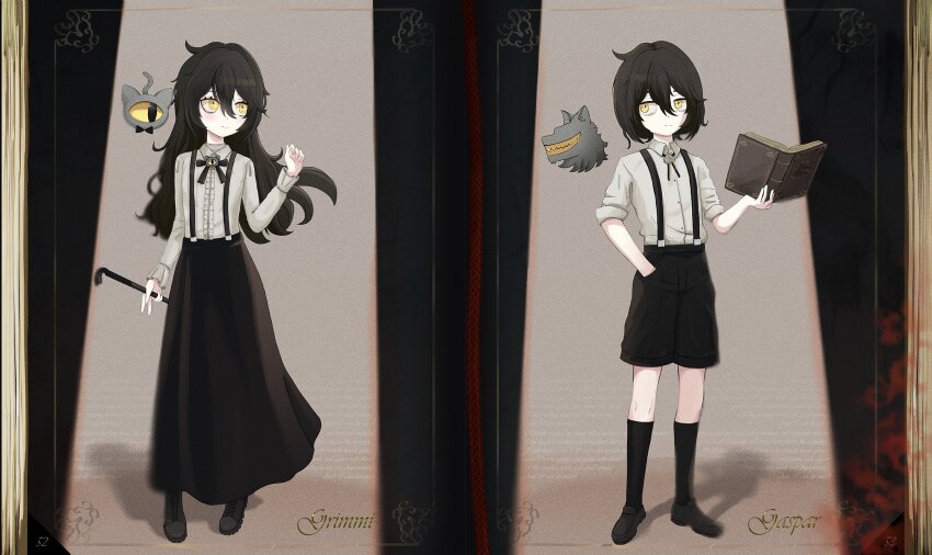 1930s_fashion, 1boy, 1girl, ahoge, bags_under_eyes, black_bow, black_bowtie, black_hair, black_shoes, black_socks, blood, blood_stain, book, bow, bowtie, brother_and_sister, commentary, crowbar, darkness, english_commentary, eyelashes, eyeliner, flat_chest, full_body, gaspar_(grimmivt), grimmi_(vtuber), grimmi_(1st_costume)_(vtuber), grimmivt, hair_between_eyes, highres, holding, holding_book, holding_crowbar, holding_weapon, indie_virtual_youtuber, kneehighs, long_sleeves, makeup, mascara, occult, open_book, pale_skin, petite, ringed_eyes, rope, shirt, shoes, shorts, siblings, sidelocks, skelter_(grimmivt), skirt, sleeves_rolled_up, socks, spotlight, suspender_shorts, suspender_skirt, suspenders, virtual_youtuber, weapon, white_shirt, wolf_head, yellow_eyes