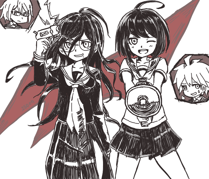 250en_remon, 2boys, 2girls, ;d, ahoge, closed_mouth, commentary_request, danganronpa_(series)