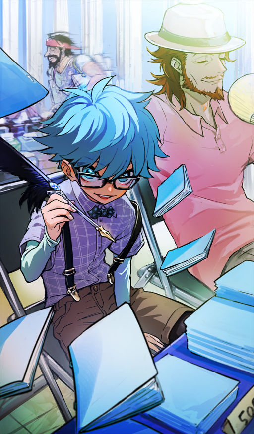 3boys, age_difference, ahoge, arm_support, beard, black-framed_eyewear, black_bow, black_bowtie, black_facial_hair, black_hair, blue_bow, blue_bowtie, blue_eyes, blue_hair, blue_shirt, book, book_stack, bow, bowtie, brown_facial_hair, brown_hair, brown_shorts, buttons, chair, child, closed_eyes, closed_mouth, collared_shirt, commentary, contrast_suspenders, edward_teach_(fate), facial_hair, fate/grand_order, fate_(series), floating, folding_chair, full_beard, fumiko_(throughx2), glasses, hand_fan, hans_christian_andersen_(fate), hans_christian_andersen_(writer's_high)_(fate), hat, hat_ribbon, headband, holding, holding_fan, holding_quill, layered_sleeves, long_sleeves, looking_at_viewer, male_focus, medium_hair, motion_blur, multiple_boys, mustache, official_alternate_costume, official_art, open_mouth, paper_fan, pink_shirt, plaid_clothes, plaid_shirt, polka_dot, polka_dot_bow, polka_dot_bowtie, polo_shirt, purple_shirt, quill, red_headband, ribbon, shirt, shirt_tucked_in, short_hair, short_over_long_sleeves, short_sleeves, shorts, sitting, smile, solo_focus, suspenders, suspenders_slip, teeth, third-party_source, tied_beard, traditional_bowtie, trilby, uchiwa, upper_teeth_only, white_hat, william_shakespeare_(fate)