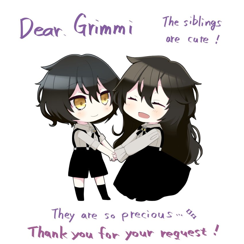 1930s_fashion, 1boy, 1girl, black_bow, black_bowtie, black_hair, black_shoes, black_socks, bow, bowtie, brother_and_sister, chibi, closed_eyes, commentary, commission, english_commentary, english_text, eyeliner, full_body, gaspar_(grimmivt), grimmi_(vtuber), hair_between_eyes, happy, highres, hm_yuuri_eri, holding_hands, indie_virtual_youtuber, light_blush, long_hair, long_skirt, long_sleeves, makeup, messy_hair, pale_skin, shirt, shoes, short_hair, shorts, siblings, sidelocks, skirt, sleeves_rolled_up, smile, socks, suspender_shorts, suspender_skirt, suspenders, virtual_youtuber, white_shirt, yellow_eyes