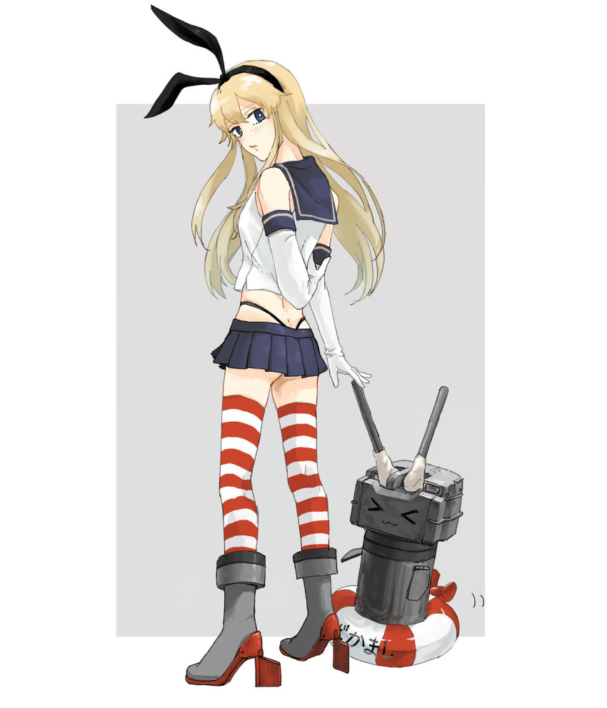 >_<, 1girl, ass, black_panties, blonde_hair, blue_sailor_collar, blue_skirt, closed_mouth