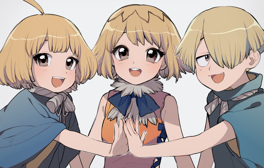 1boy, 2girls, absurdres, bad_id, bad_pixiv_id, blonde_hair, blue_shirt, blush