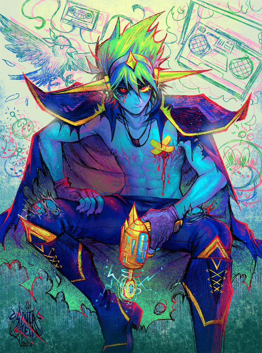 1boy, alt_text, armor, bandaid, bandaids_on_nipples, bird, black_nails, black_sclera