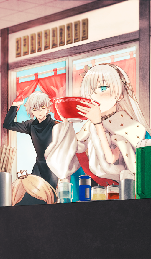 1boy, 1girl, anastasia_(fate), aqua_cloak, aqua_eyes, bags_under_eyes, black_shirt, blue_sky