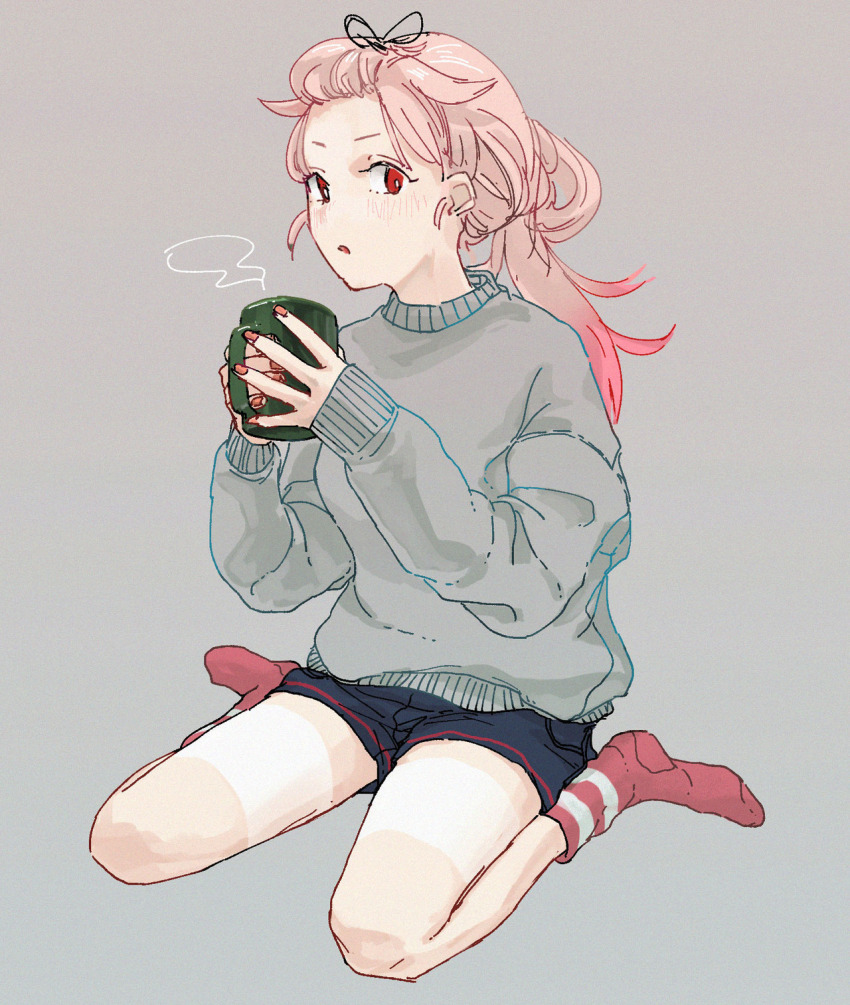 1girl, alternate_costume, alternate_hairstyle, bangs_pinned_back, black_shorts, blush, cup, full_body