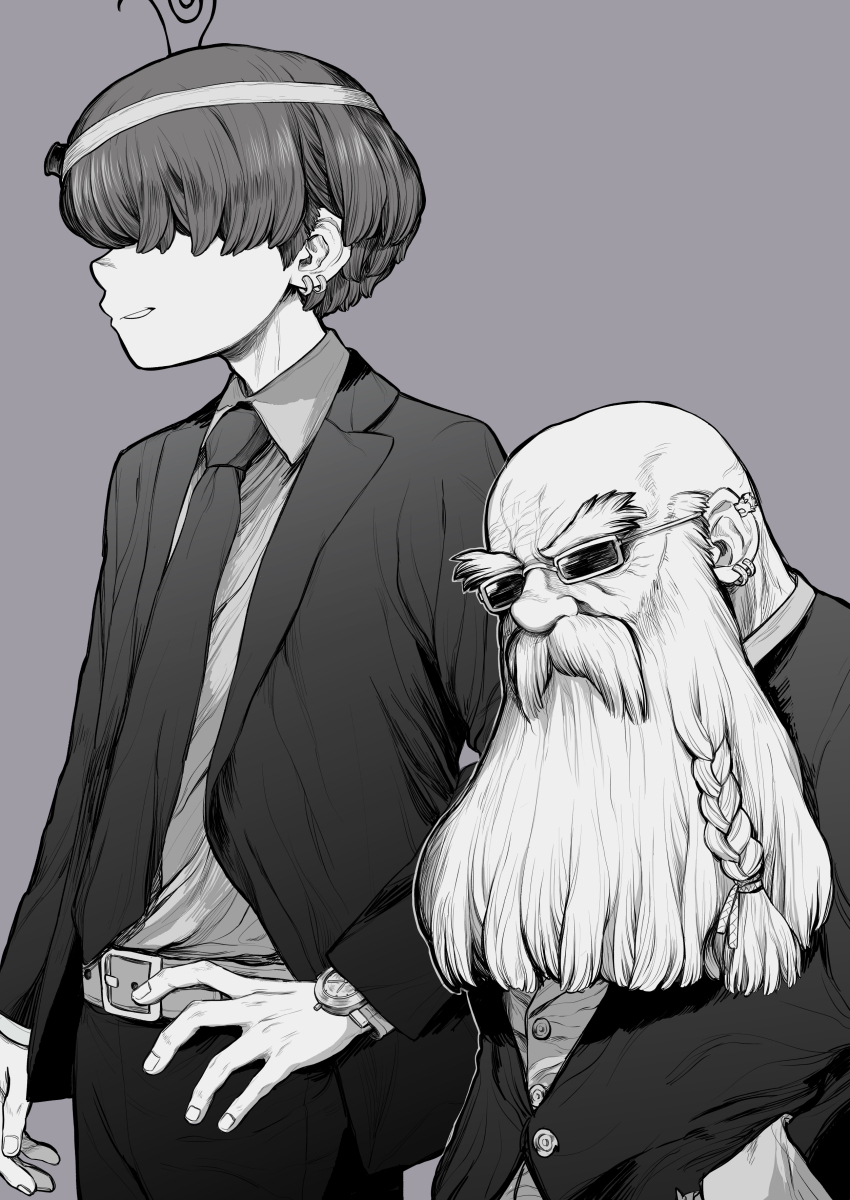 2boys, absurdres, bald, beard, belt, black_jacket, black_pants, braid