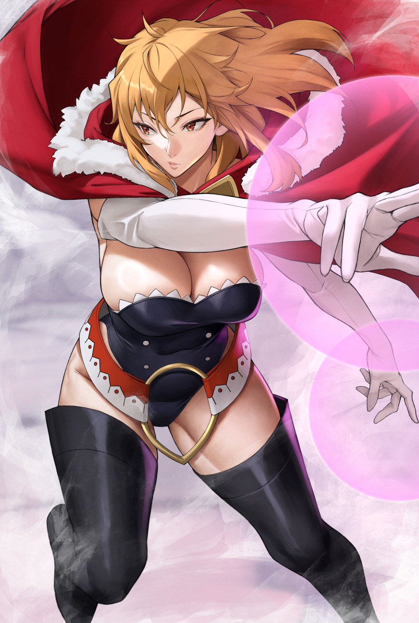 1girl, absurdres, black_leotard, black_thighhighs, breasts, brown_eyes, brown_hair, cape