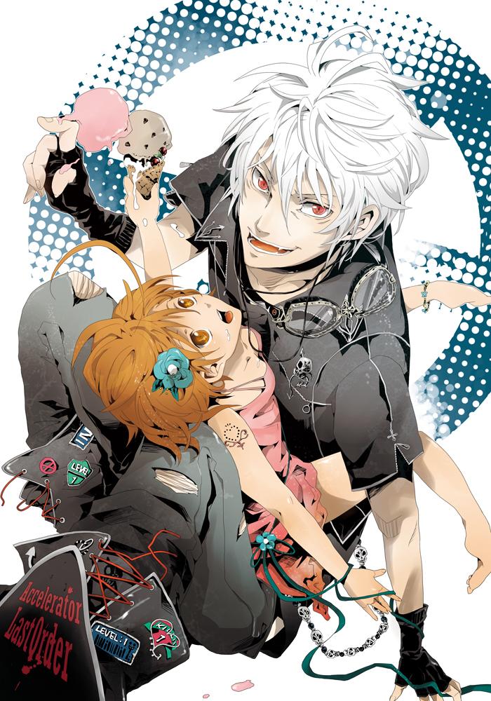 accelerator_(toaru_majutsu_no_index), ahoge, albino, brown_eyes, brown_hair, dress, fingerless_gloves, flower, food, gloves, hair_flower, hair_ornament, ice_cream, ino_(w.b.), last_order_(toaru_majutsu_no_index), red_eyes, smile, tattoo, toaru_majutsu_no_index, white_hair