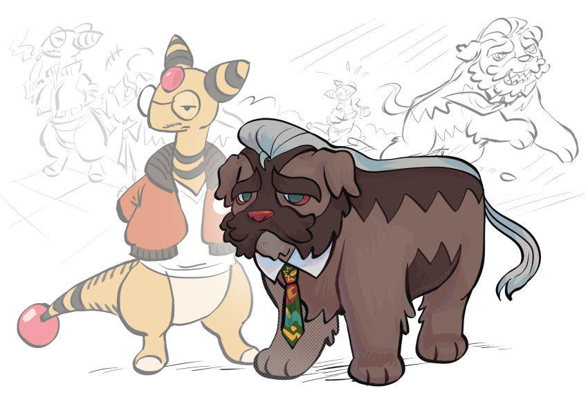 absurdres, ampharos, animalization, blue_eyes, bomber_jacket, clothed_pokemon, disco_elysium, dog