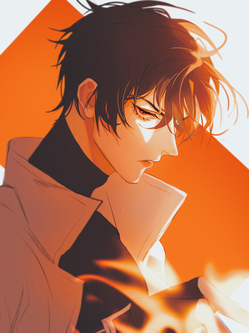 1boy, absurdres, black_gloves, black_hair, black_shirt, brown_hair, fingerless_gloves, fire