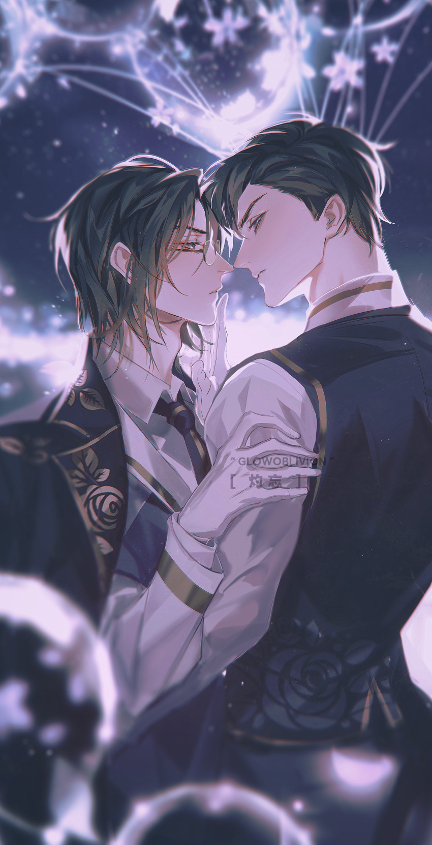 2boys, absurdres, black_flower, black_hair, black_jacket, black_necktie, black_rose, black_vest