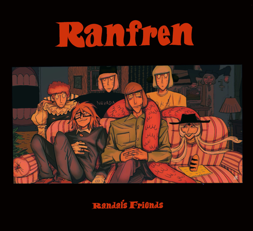 2girls, 6+boys, brown_hair, clown, couch, crossed_legs, etheral_q, facial_mark