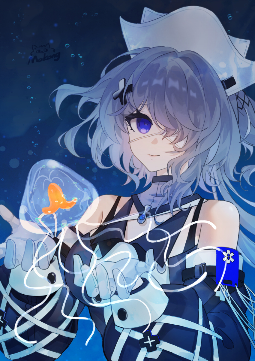 1girl, absurdres, air_bubble, animal, arknights, bare_shoulders, blue_gloves, blue_hair