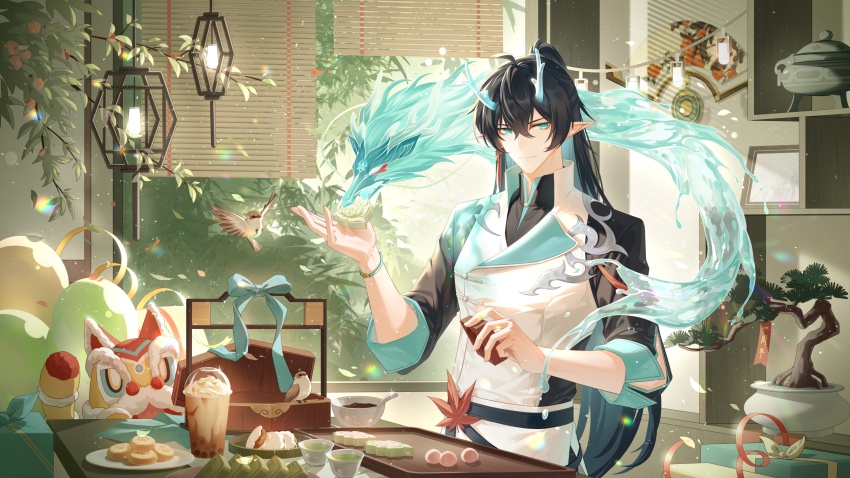 1boy, absurdres, aqua_eyes, aqua_horns, aqua_ribbon, balloon, bamboo_screen, bird, black_hair, black_shirt, bonsai, box, dan_heng_(honkai:_star_rail), dan_heng_(imbibitor_lunae)_(honkai:_star_rail), dragon, dragon_boy, dragon_horns, eastern_dragon, eastern_dragon_horns, eyeliner, fei_jifeng0808, food, gift, gift_box, hair_between_eyes, hashtag-only_commentary, high_ponytail, highres, holding, holding_food, honkai:_star_rail, honkai_(series), horns, indoors, leaf, light_smile, lion_dance, long_hair, makeup, male_focus, mandarin_collar, maple_leaf, plant, pointy_ears, ponytail, potted_plant, red_eyeliner, ribbon, shirt, sleeves_rolled_up, solo, table, vest, white_vest, window, window_blinds