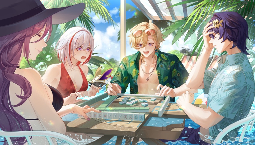 2boys, 2girls, absurdres, aventurine_(honkai:_star_rail), bikini, black_bikini, blonde_hair, blue_eyes, blue_shirt, blue_sky, breasts, bubble, closed_eyes, cloud, collared_shirt, dr._ratio_(honkai:_star_rail), eyewear_on_head, facepalm, feather_print, fei_jifeng0808, green_shirt, hair_between_eyes, hat, highres, honkai:_star_rail, honkai_(series), jade_(honkai:_star_rail), jewelry, long_hair, mahjong, mahjong_tile, male_focus, medium_breasts, multicolored_eyes, multicolored_hair, multiple_boys, multiple_girls, necklace, numby_(honkai:_star_rail), open_clothes, open_mouth, open_shirt, palm_tree, partially_submerged, purple_eyes, purple_hair, purple_nails, red_bikini, red_hair, shirt, short_hair, sitting, sky, streaked_hair, swimsuit, toned, toned_male, topaz_(honkai:_star_rail), tree, trotter_(honkai:_star_rail), two-tone_eyes, white_hair