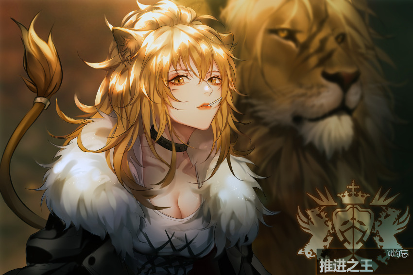 1girl, absurdres, animal_ears, arknights, artist_name, black_choker, black_jacket, blonde_hair