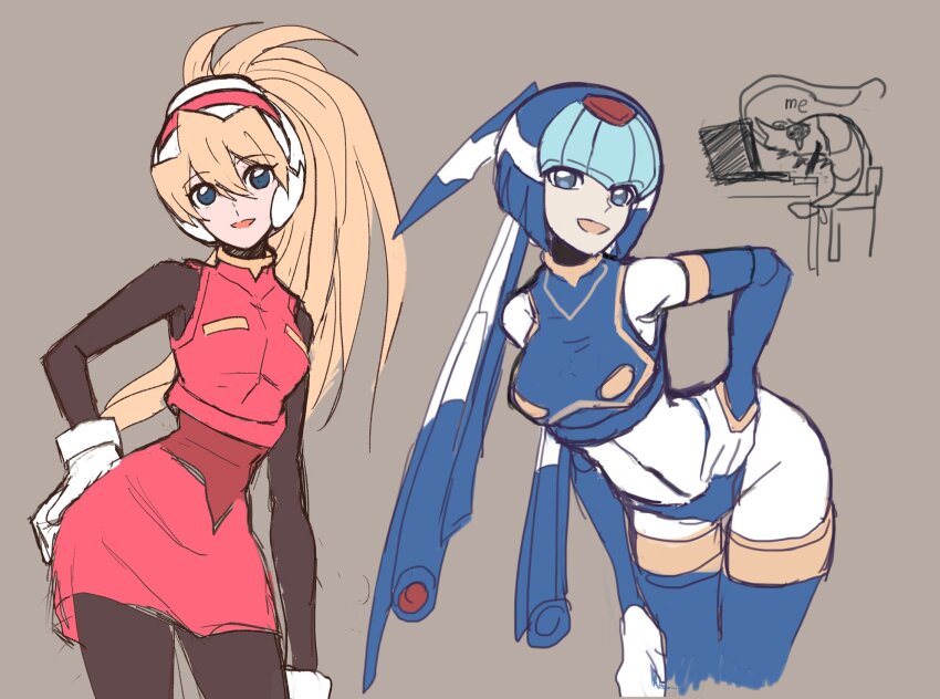 2girls, android, armor, black_bodysuit, blonde_hair, blue_armor, blue_eyes, blue_helmet, bodysuit, bodysuit_under_clothes, breasts, brown_background, ciel_(mega_man), cowboy_shot, fairy_leviathan_(mega_man), fins, forehead_jewel, head_fins, helmet, high-waist_skirt, high_ponytail, highres, long_hair, medium_breasts, mega_man_(series), mega_man_zero_(series), multiple_girls, pink_shirt, pink_skirt, ponytail, raica_(khongbautroi), shirt, simple_background, skirt