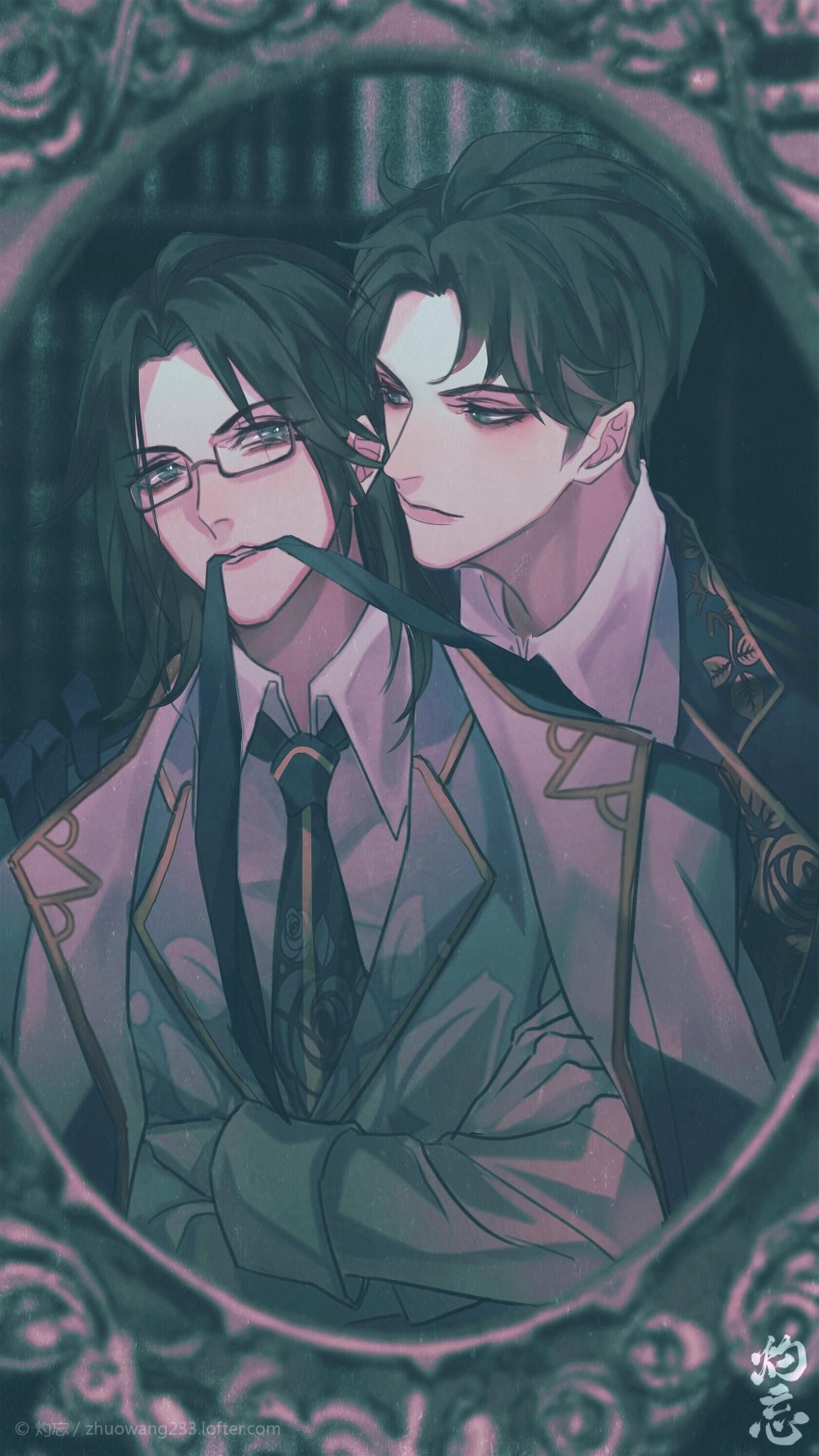2boys, absurdres, black_hair, black_necktie, blurry, closed_mouth, coat, coat_on_shoulders, collared_shirt, crossed_arms, fei_du, formal_clothes, glasses, gloves, highres, jacket, jacket_on_shoulders, long_hair, long_sleeves, looking_at_another, looking_at_viewer, luo_wenzhou, male_focus, mirror, mouth_hold, multiple_boys, necktie, shirt, short_hair, silent_reading, upper_body, white_shirt, yaoi, zhuowang233