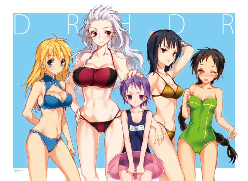5girls, abs, bikini, black_hair, blonde_hair, blue_eyes, braid, breast_envy, breasts, cameltoe, cleavage_cutout, clothing_cutout, covered_erect_nipples, cross, cross_earrings, dorohedoro, ebisu_(dorohedoro), haru_(dorohedoro), innertube, inverted_cross, inverted_cross_earrings, kayou_(kayou-bi), large_breasts, legs, long_hair, multiple_girls, muscular, natsuki_(dorohedoro), nikaidou_(dorohedoro), noi_(dorohedoro), odd_one_out, one-piece_swimsuit, purple_eyes, purple_hair, red_eyes, school_swimsuit, short_hair, silver_hair, swim_ring, swimsuit, thighs, yellow_eyes