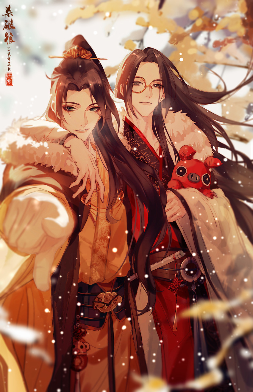 2boys, black_hair, blurry, brown_hair, chang_geng, chinese_clothes, copyright_name, fur_trim, glasses, gu_yun, hair_ornament, hanfu, highres, holding, holding_toy, jewelry, long_hair, long_sleeves, looking_at_viewer, male_focus, multiple_boys, outdoors, ponytail, sha_po_lang, snowing, stuffed_toy, toy, upper_body, very_long_hair, wide_sleeves, yaoi, zhuowang233